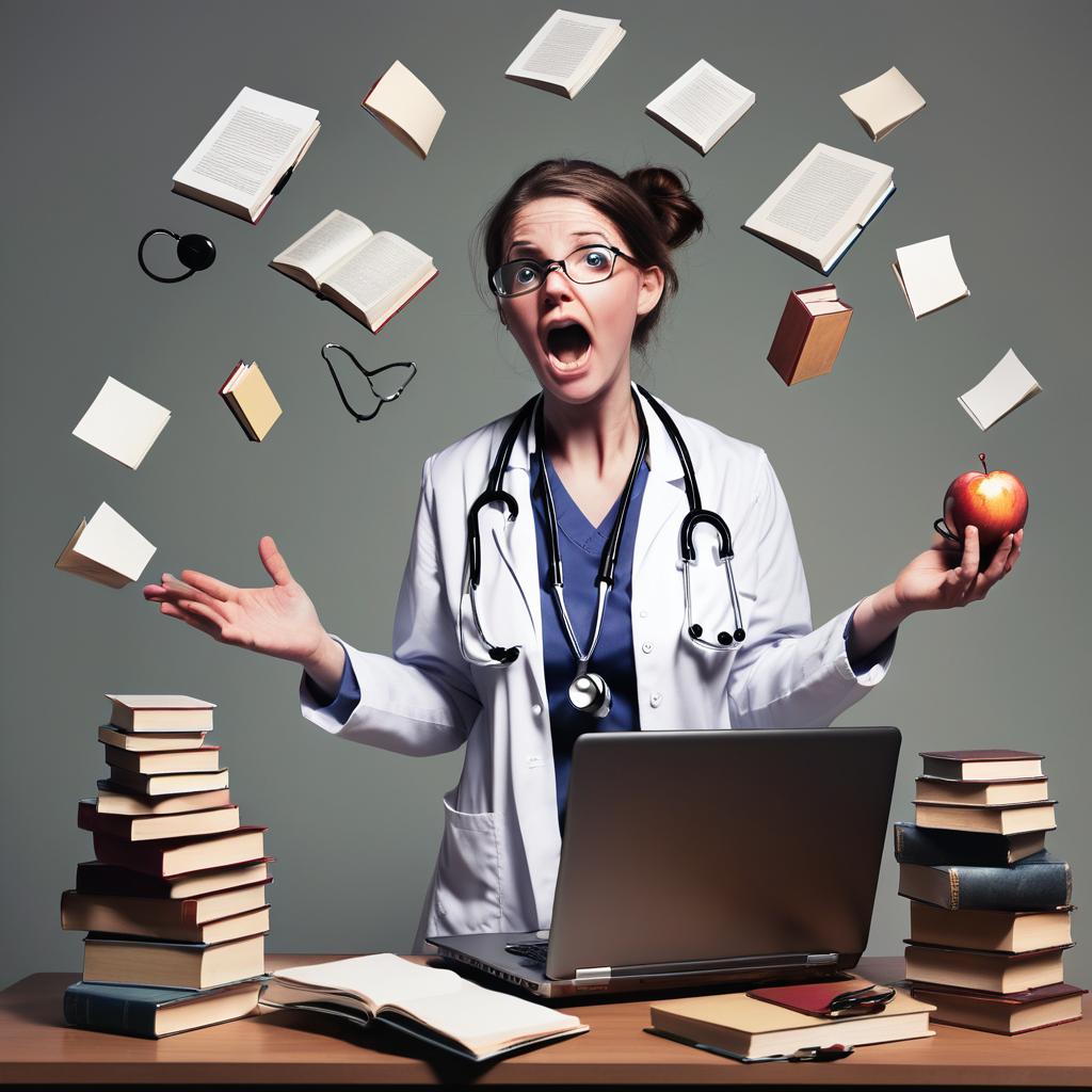 a student juggling multiple tasks (e.g., books, stethoscope, laptop)